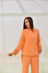 orange linen suit
